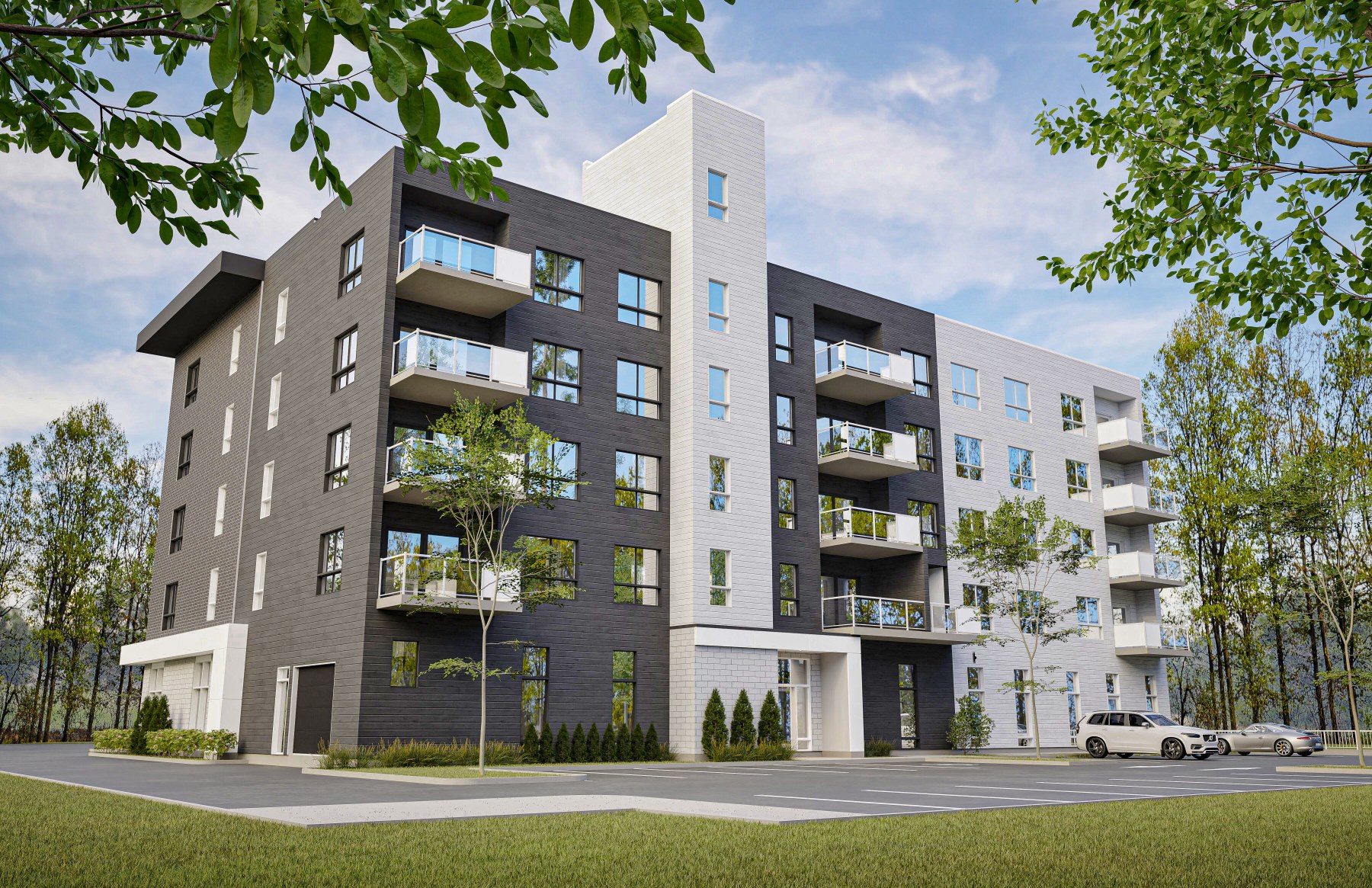 Perspective architecturale du projet UNIKO à Mirabel, avec commerces au rez-de-chaussée et logements aux étages